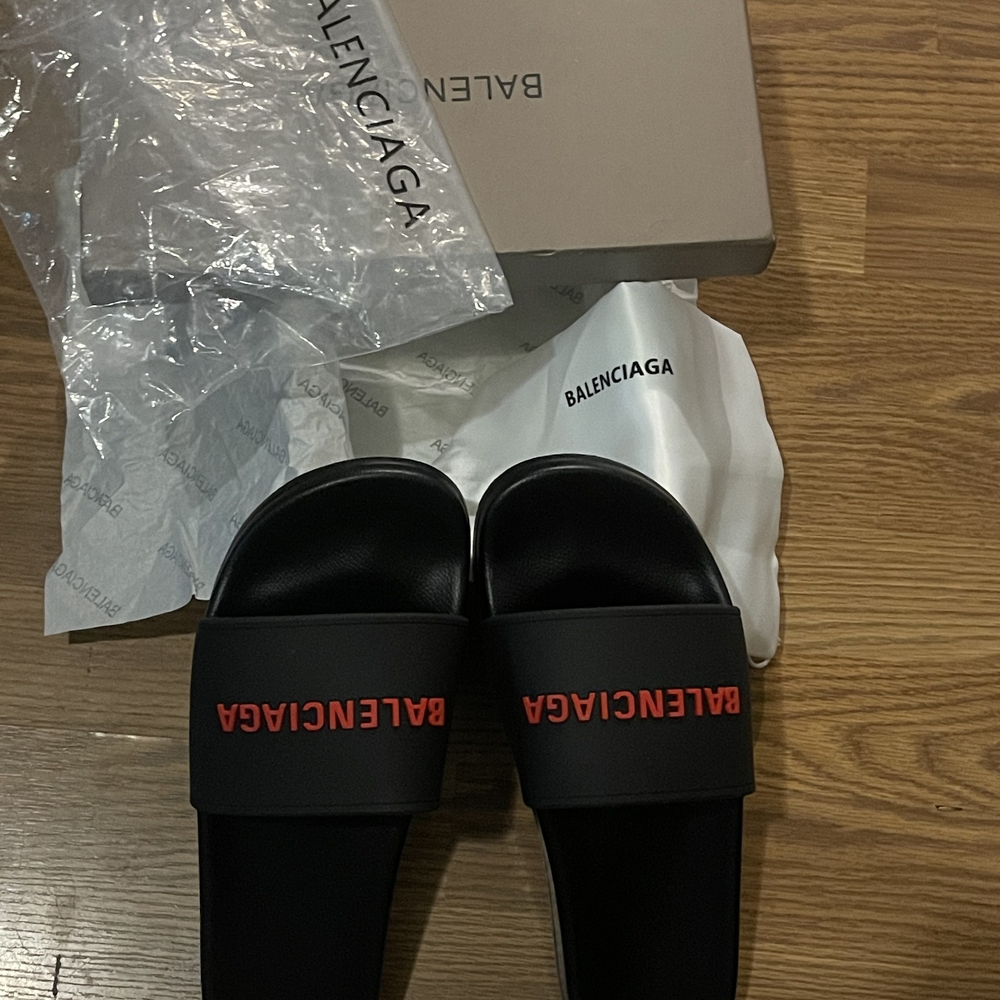 Balenciaga Black Slides with Red Logo